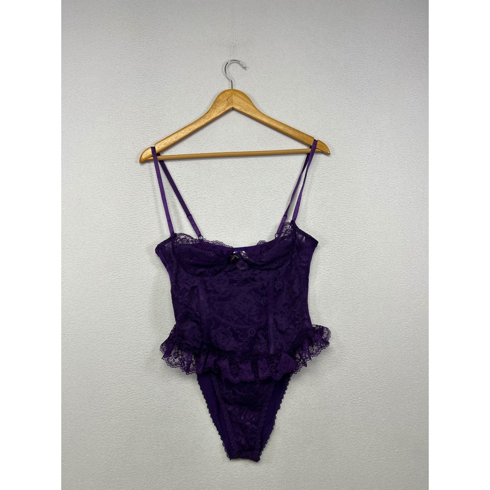 Vintage Coquette Shirley of Hollywood Women L Purple Lace Ruffle Bodysuit 9083